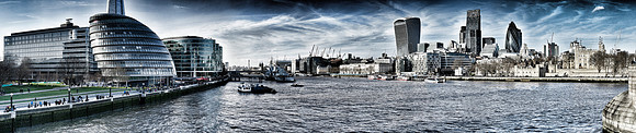 P4C42  Thames View - City Hall, City of London from Tower Bridge, London, UK